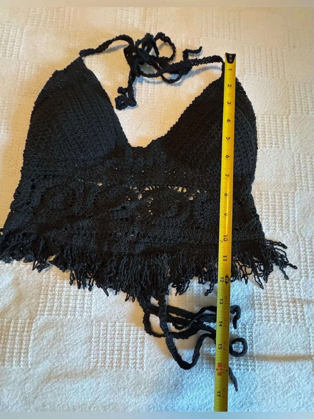 Black Crochet Halter Bikini Top with Fringe Trim